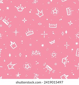 Doodle Crown and Stars Seamless Childish Cute Pink Pattern. For Little Princess. Baby Background. 