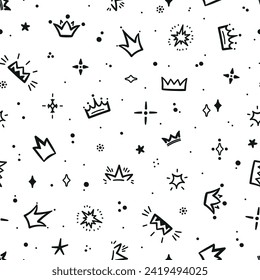 Doodle Crown and Stars Seamless Childish Cute Black and White Pattern. For Little Princess. Baby Background.