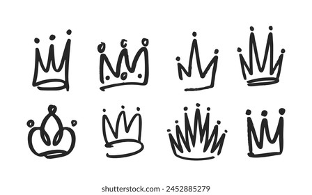 Doodle Crowns Collection, Amusing Hand-drawn Diadems, Tiaras, And Regal Headwear In Monochrome Vector Style