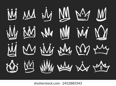 Doodle Crowns Collection. White Vector Quirky, Hand-drawn Diadems, Tiaras, And Royal Headwear For Creative Projects