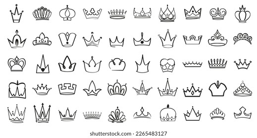 Doodle crowns icon. King or queen crown linear collection