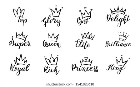 Doodle crowns lettering. Crown with text elements, sketch, majestic tiara logo vector set. symbol of royal power with beautiful calligraphy pack with. Hand drawn line art diadem illustrations