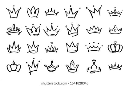 Doodle crowns. Line art king or queen crown sketch, fellow crowned heads tiara, beautiful diadem and luxurious decals vector illustration set. Royal head accessories linear collection