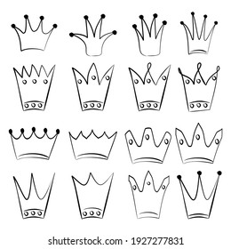 Doodle crowns. Line art king or queen crown sketch, fellow crowned heads tiara, beautiful diadem and luxurious decals vector illustration set. Royal head accessories linear collection