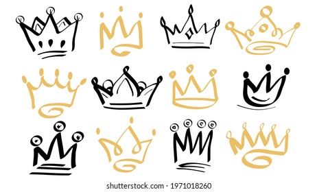 Doodle crowns. Line art king or queen crown sketch, fellow crowned heads tiara, beautiful diadem. Sketch crown.