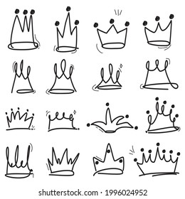 Doodle crowns. Line art king or queen crown sketch, fellow crowned heads tiara, beautiful diadem and luxurious decals vector illustration set. Royal head accessories linear collection