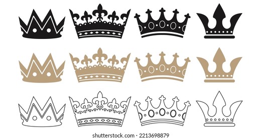 Doodle crowns. Line art king or queen crown sketch, fellow crowned heads tiara, beautiful diadem and luxurious decals vector illustration set. Royal head accessories linear collection