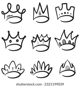 Doodle crowns. Line art king or queen crown sketch, fellow crowned heads tiara, beautiful diadem and luxurious decals vector illustration set. Royal head accessories linear collection