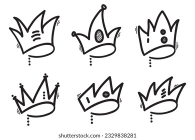 Doodle crowns. Line art king or queen crown sketch, fellow crowned heads tiara, beautiful diadem and luxurious decals vector illustration set. Royal head accessories linear collection