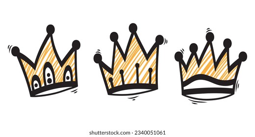 Doodle crowns. Line art king or queen crown sketch, fellow crowned heads tiara, beautiful diadem and luxurious decals vector illustration set. Royal head accessories linear collection