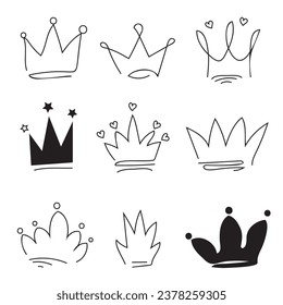 Doodle crowns. Line art of king or queen crown sketch, Royal head accessories linear collection