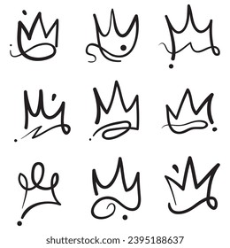 Doodle crowns. Line art king or queen crown sketch, fellow crowned heads tiara, beautiful diadem and luxurious decals vector illustration set. Royal head accessories linear collection