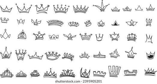 Doodle crowns. Line art king or queen crown sketch, fellow crowned heads tiara, beautiful diadem and luxurious decals vector illustration set. Royal head accessories linear collection