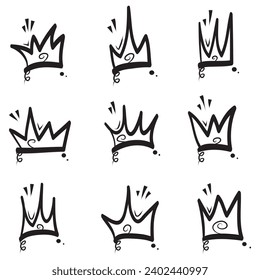 Doodle crowns. Line art king or queen crown sketch, fellow crowned heads tiara, beautiful diadem and luxurious decals vector illustration set. Royal h