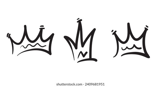 Doodle crowns. Line art king or queen crown sketch, fellow crowned heads tiara, beautiful diadem and luxurious decals vector illustration set. Royal head accessories linear collection