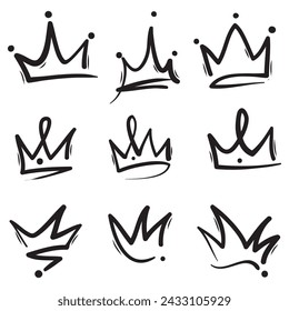 Doodle crowns. Line art king or queen crown sketch, fellow crowned heads tiara, beautiful diadem and luxurious decals vector illustration set. Royal head accessories linear collection