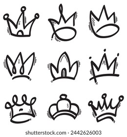 Doodle crowns. Line art king or queen crown sketch, fellow crowned heads tiara, beautiful diadem and luxurious decals vector illustration set. Royal head accessories linear collection