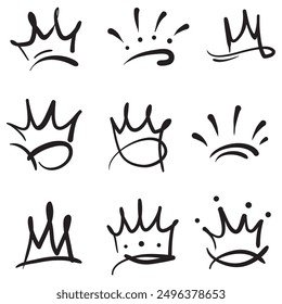 Doodle crowns. Line art king or queen crown sketch, fellow crowned heads tiara, beautiful diadem and luxurious decals vector illustration set. Royal head accessories linear collection