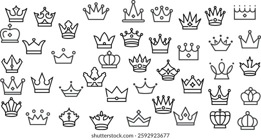 Doodle crowns. Line art king or queen crown sketch,