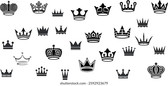 Doodle crowns. Line art king or queen crown sketch,