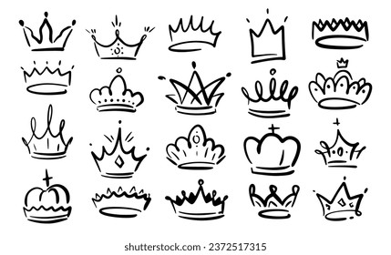 Doodle crowns linear icons set. Line art king or queen crown sketch. Royal head accessories collection. Fellow crowned heads tiara, diadem and luxurious decals vector illustration hand drawn doodles