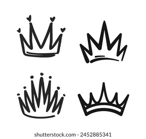 Doodle Crowns, Playful, Quirky Hand-drawn Diadems, Tiaras, And Regal Headpieces. Monochrome Vector Graphics