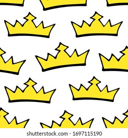 Doodle crowns seamless pattern. Hand drawn luxury background. Cute baby, little princess or royal design for childrens room, posters, celebration. Vector illustration.