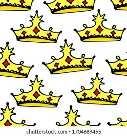 Doodle crowns seamless pattern. Hand drawn luxury background. Cute baby, little princess or royal design for childrens room, posters, celebration. Vector illustration.
