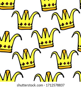 El doodle corona un patrón sin fisuras. La mano atrajo un fondo de lujo. Cebada, princesa pequeña o diseño real para la habitación de los niños, afiches, celebración. Ilustración vectorial.