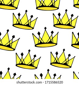 Doodle crowns seamless pattern. Hand drawn luxury background. Cute baby, little princess or royal design for childrens room, posters, celebration. Vector illustration.