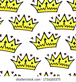 Doodle crowns seamless pattern. Hand drawn luxury background. Cute baby, little princess or royal design for childrens room, posters, celebration. Vector illustration.
