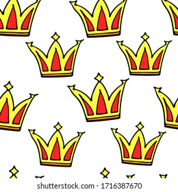 Doodle crowns seamless pattern. Hand drawn luxury background. Cute baby, little princess or royal design for childrens room, posters, celebration. Vector illustration.