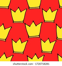 Doodle crowns seamless pattern. Hand drawn luxury background. Cute baby, little princess or royal design for childrens room, posters, celebration. Vector illustration.
