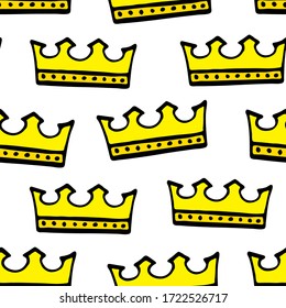 Doodle crowns seamless pattern. Hand drawn luxury background. Cute baby, little princess or royal design for childrens room, posters, celebration. Vector illustration.