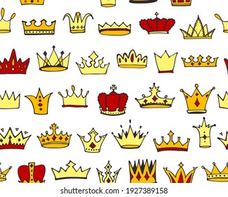 Doodle crowns seamless pattern. Hand drawn cartoon background. Cute baby, kids design for childrens room, posters, fabric. Vector illustration.