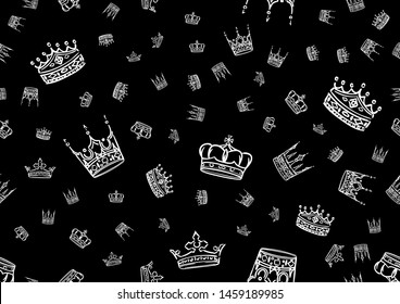 Doodle Crowns Seamless Pattern. Scattered Hand Drawn  Crown Background. Vector Illustration For Print, Textile, Paper.