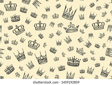 Doodle crowns seamless pattern. Scattered hand  crown background. Vector illustration for print, textile, paper.