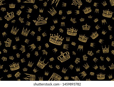 Doodle crowns seamless pattern. Scattered hand drawn golden crown background. Vector illustration for print, textile, paper.