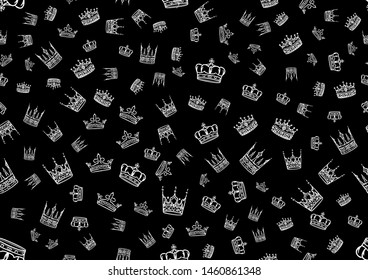 Doodle crowns seamless pattern. Scattered hand drawn white crown background. Vector illustration for print, textile, paper.