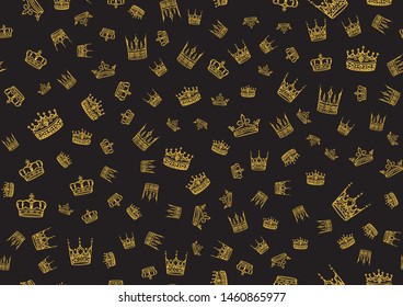 Doodle crowns seamless pattern. Scattered hand drawn golden crown background. Vector illustration for print, textile, paper.