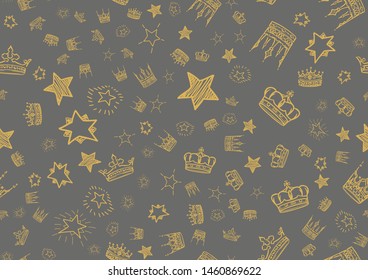 Doodle crowns seamless pattern. Scattered golden hand drawn crown and star on grey background. Vector illustration for print, textile, paper.