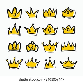 Doodle crowns set collection, Line art royal accessories king or queen crown sketch, fellow crowned heads tiara, beautiful diamond and luxurious decals, Crown logo graffiti icon