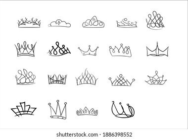 Doodle crowns. Simple illustration on white background. 
