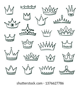 Doodle crowns. Sketch crown queen king coronet urban grunge ink art crowning vintage coronal icons majestic tiara isolated vector image set