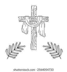 Doodle of Crucifix, wooden cross and shroud and palm leaves. Religious symbols of Good Friday and Easter. Vector illustration