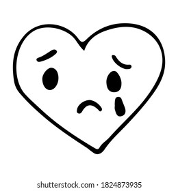 Doodle crying emoticon icon in heart shape. Hand drawn crying emoticon icon in vector