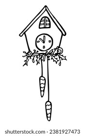 Doodle cuckoo clock on the wall with Christmas decoration. Simple line drawing.Trendy doodle vector illustration. Pre-made logo or icon for your design. Isolated on white background. svg