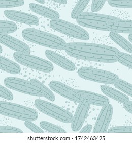 Doodle cucumber seamless pattern on blue background. Cucumbers vegetable endless wallpaper. Design for fabric, textile print, wrapping paper, kitchen textiles. Vector illustration