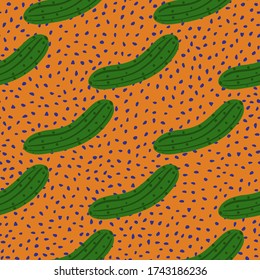 Patrón sin costuras de pepino de perro en el fondo de puntos. Los pepinos tienen un fondo de pantalla sin fin de verduras. Diseño para tela, imprenta textil, papel envolvente, productos textiles de cocina. Ilustración del vector