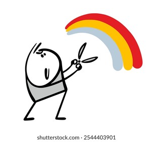 Doodle cunning and insidious stickman cuts a bright rainbow with scissors. Vector illustration of a boy spoiling the joy of others. Isolated cartoon character  on white background.